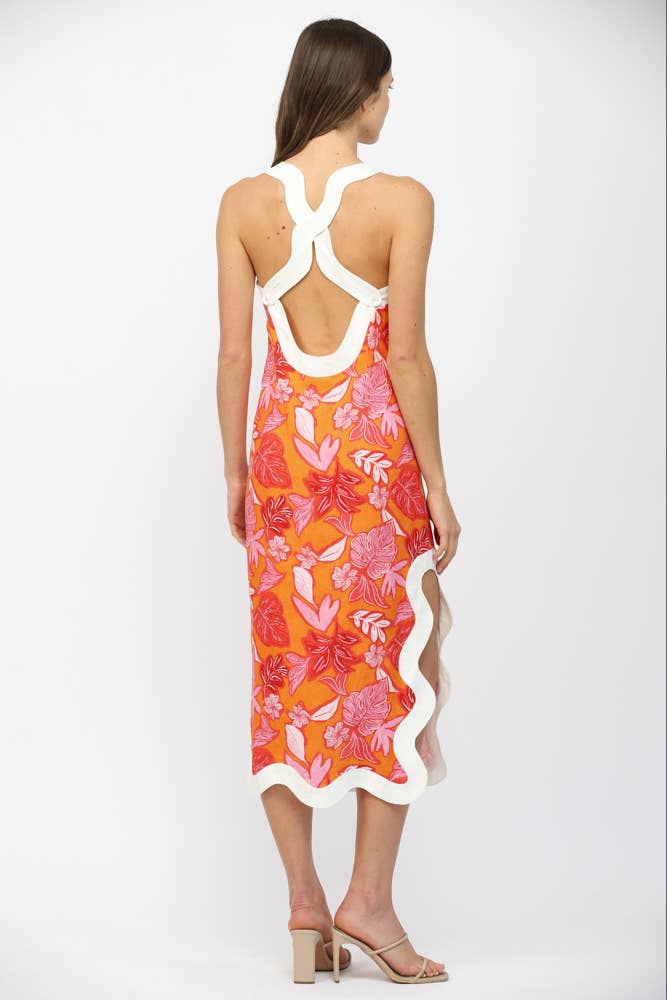 WAVY EDGE TROPICAL PRINT LINEN BLEND SLVL MIDI DRESS FD35906