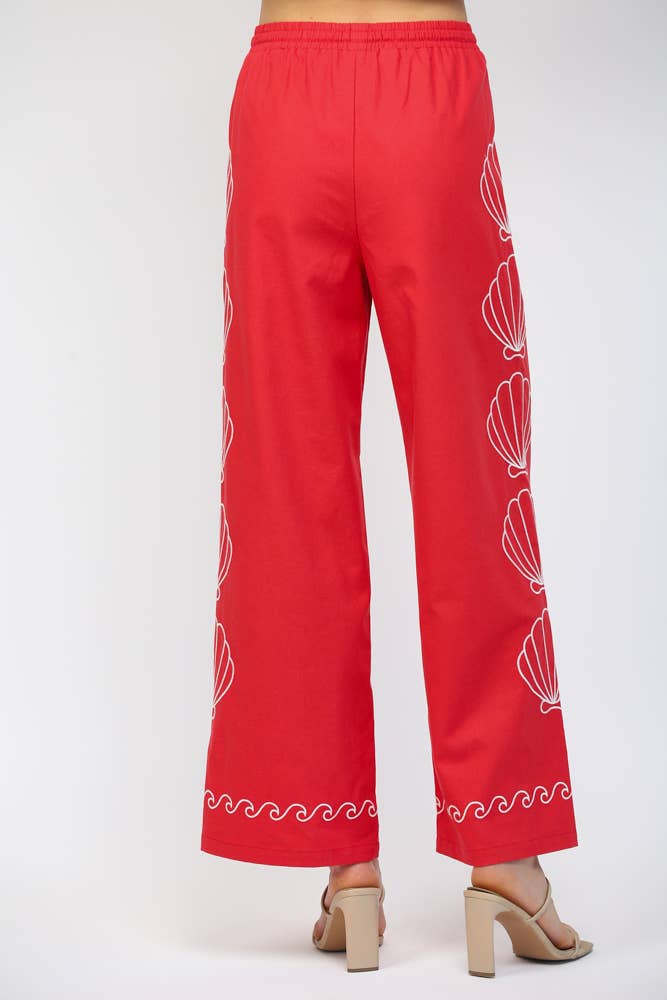 SEA SHELL EMBROIDERED ELASTIC WAIST BAND PANTS FP61120