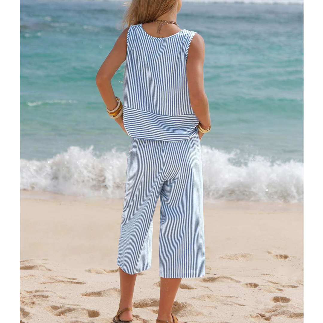 Round Neck Striped Sleeveless Top & Cropped Pants Set AXY047