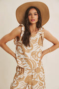 EURO SUMMER ISLAND FOLIAGE CLEAN NECK TOP WITH TIE STRAPS