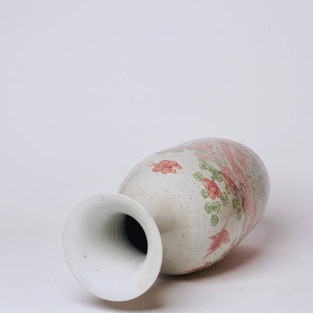 Large Pink and Green Bird and Flower Porcelain Mallet Vase