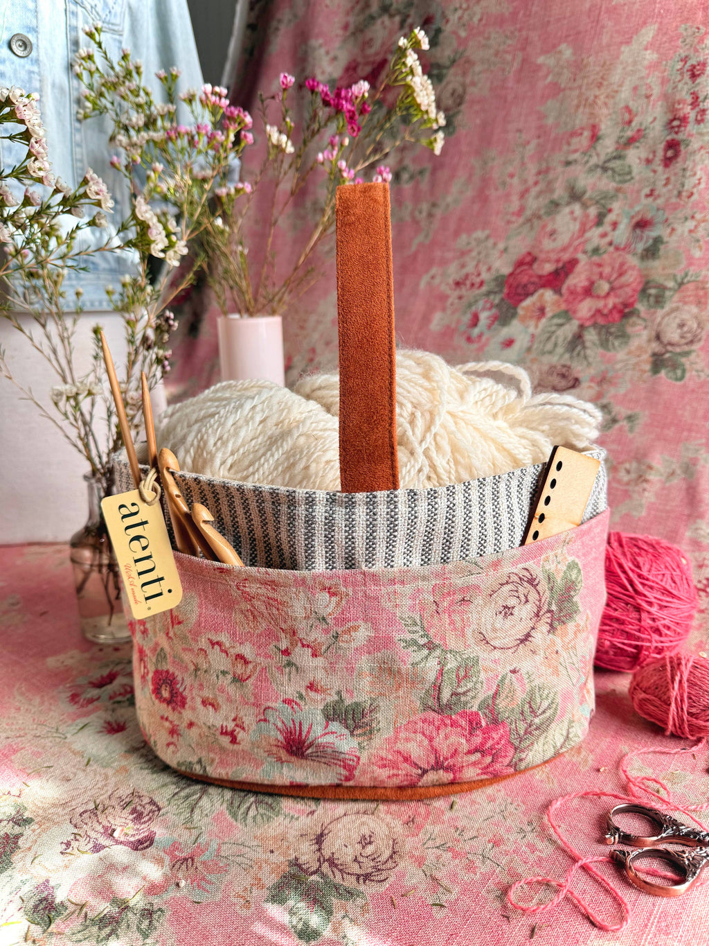 Rosewood Caddy– Handmade USA Floral Yarn & Notions Organizer, Atenti Project Bag