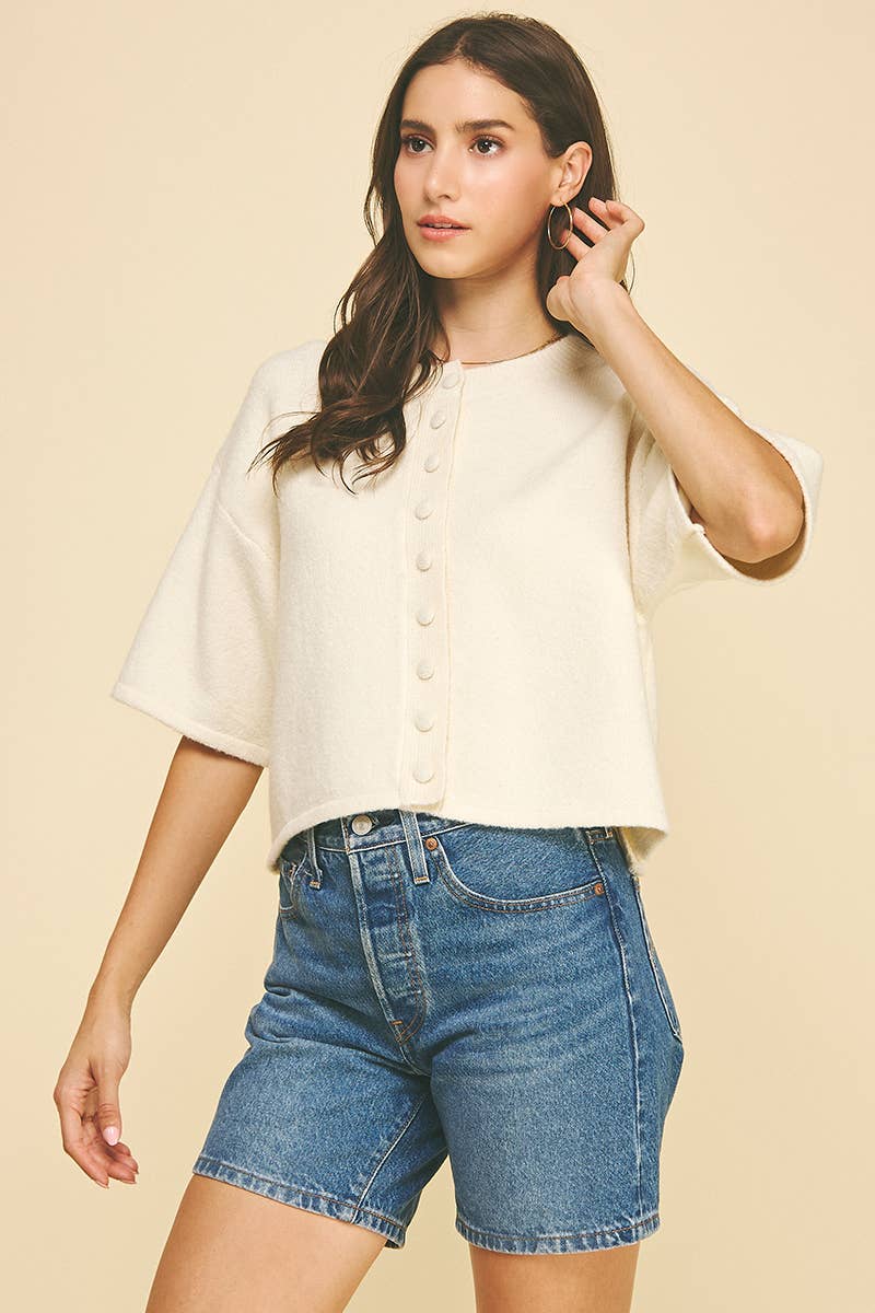 BUTTON DOWN SHORT SLEEVE SWEATER - 6752W