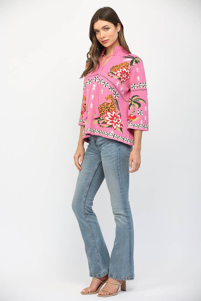 FRONT NECK TIE PRINT KNIT SWEATER FW10530