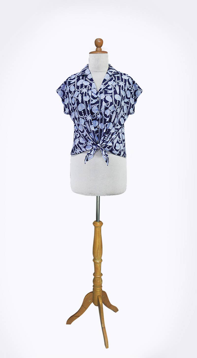 Short-Sleeve Beaded Tie Front Cropped Donna Top