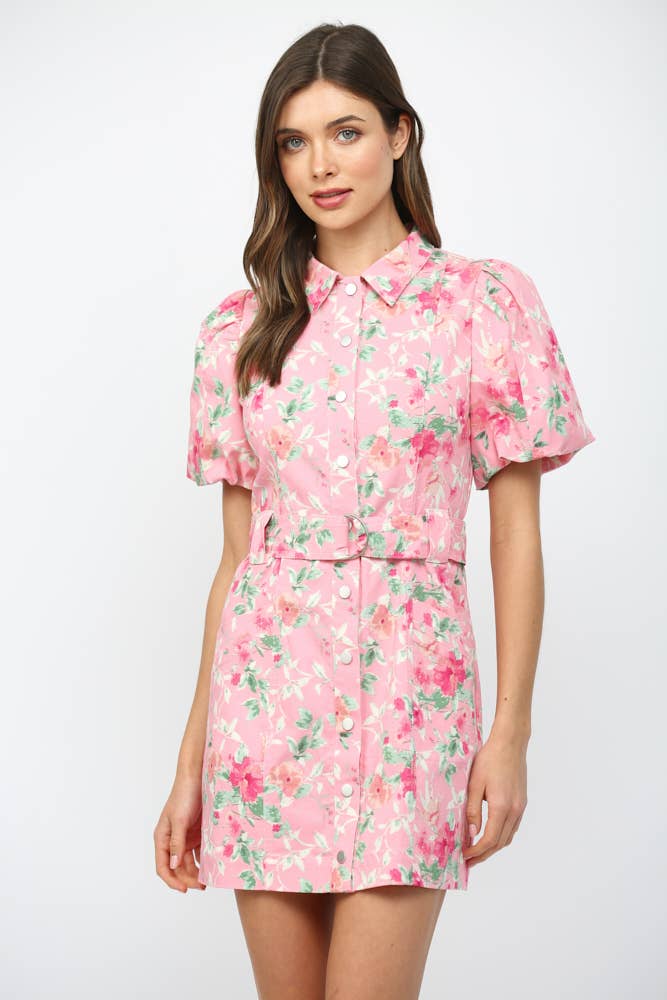 FLORAL PRINT BELTED  BUTTON DOWN MINI DRESS FD30553