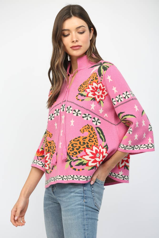 FRONT NECK TIE PRINT KNIT SWEATER FW10530