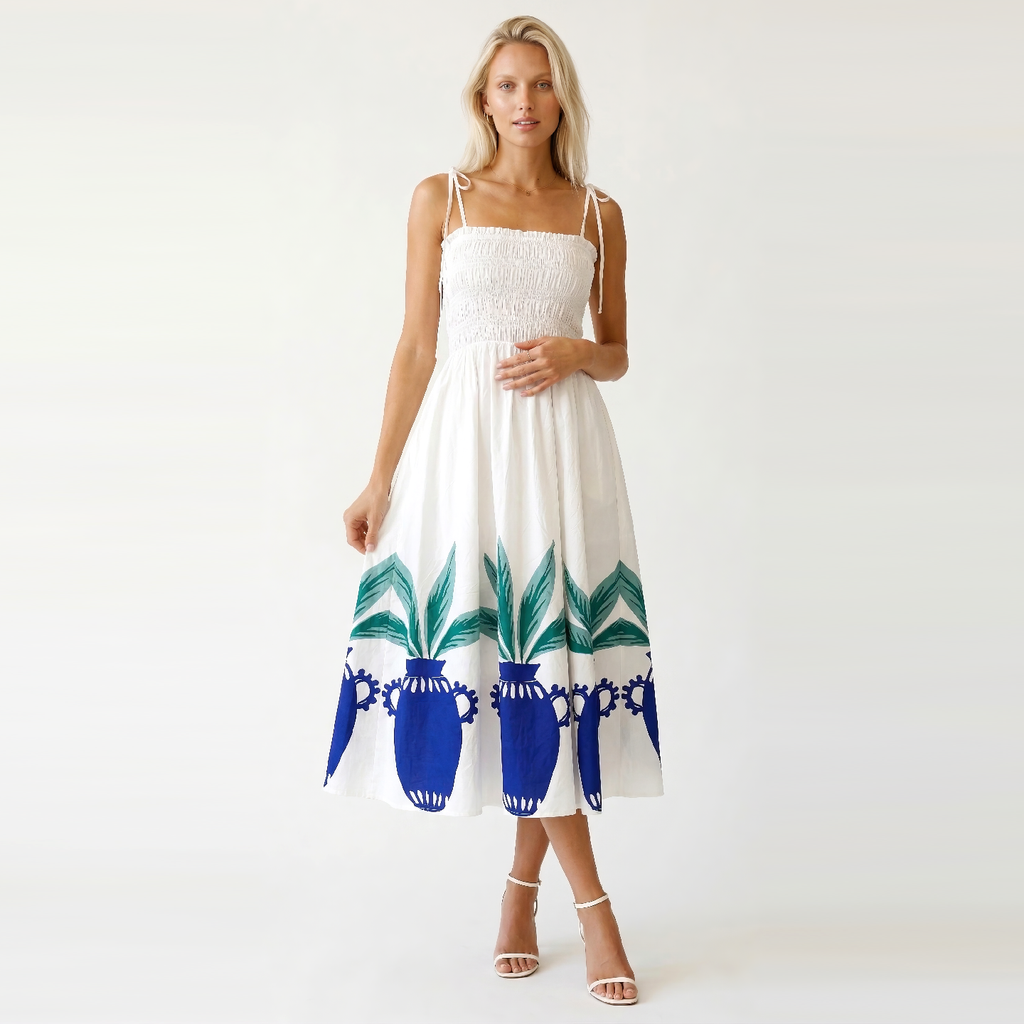 Mediterranean Muse Smocked Cotton Midi Dress - LWD3399