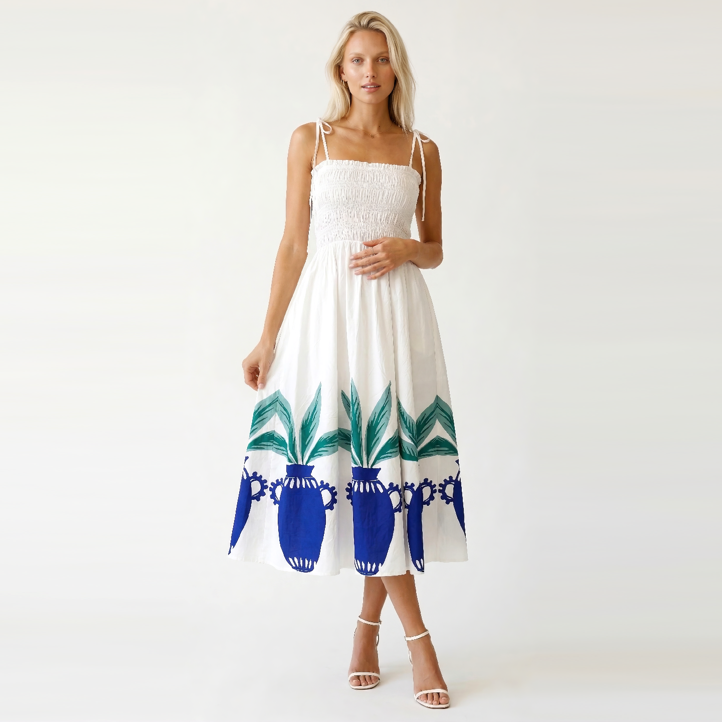 Mediterranean Muse Smocked Cotton Midi Dress - LWD3399