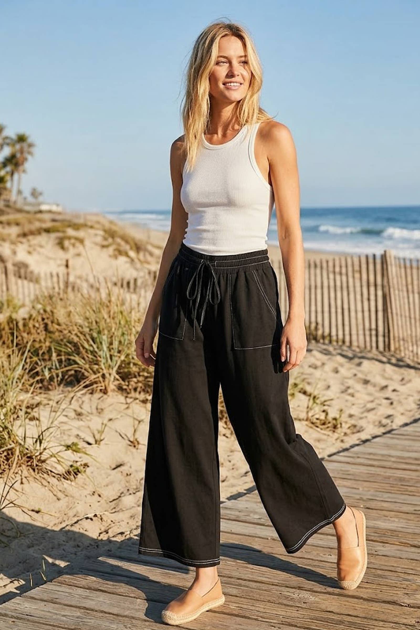 Relaxed Wide Leg Drawstring Knit Pants