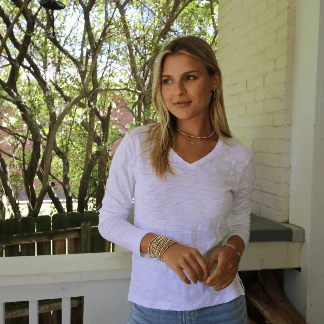 Long Sleeve Jeans V in White Pima Cotton Slub