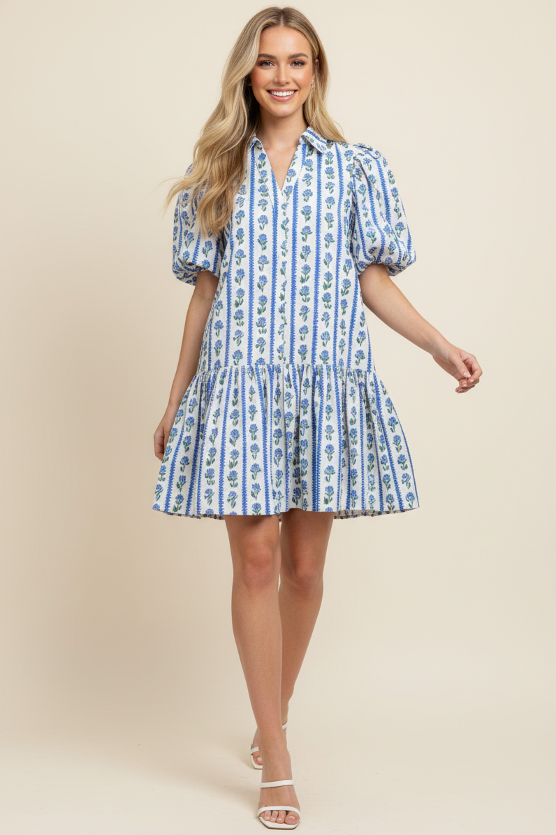 FLORAL STRIPE PUFFED SLEEVE MINI DRESS - 4450DK