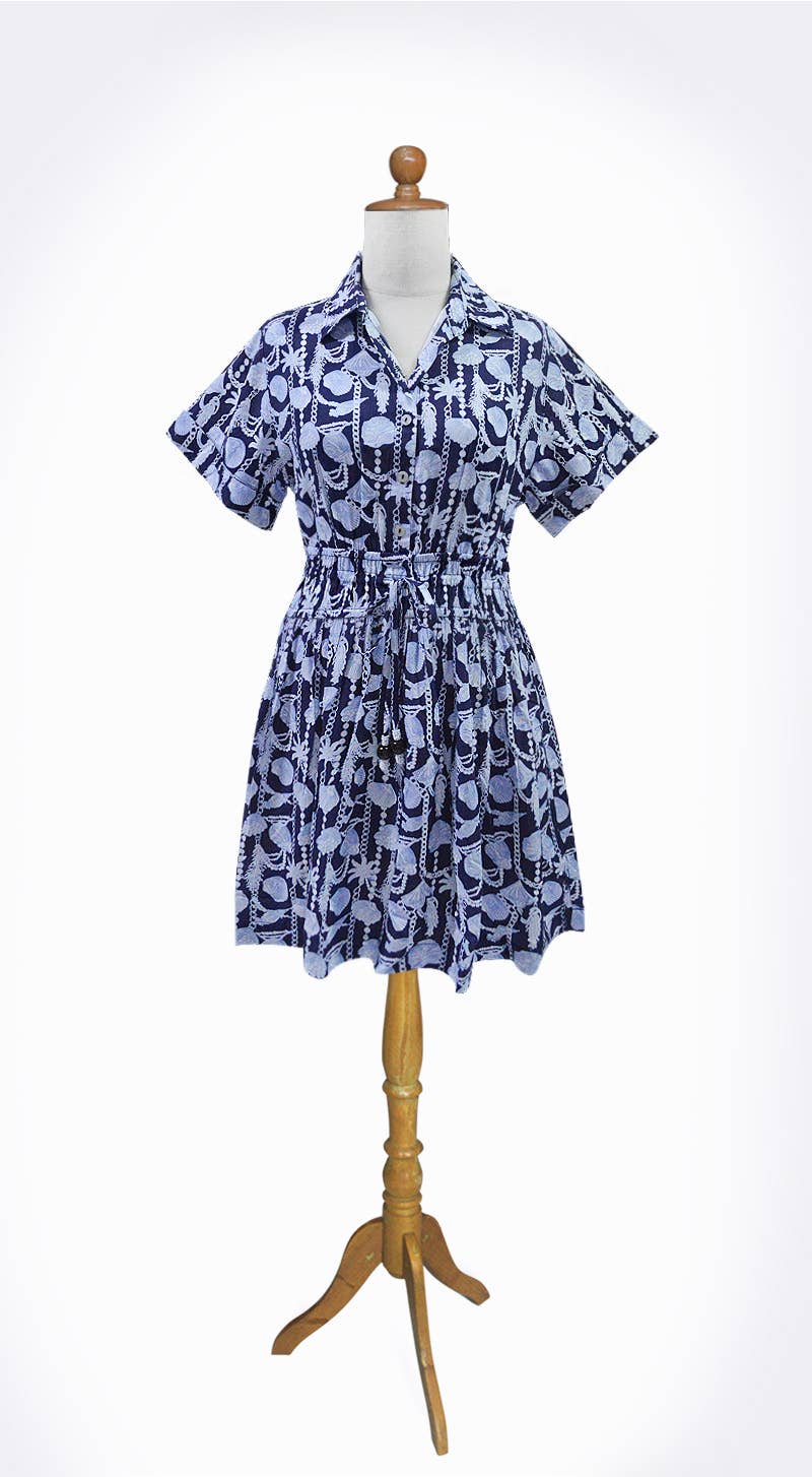 Short-Sleeve Rose Dress Cinched Waist With Pockets