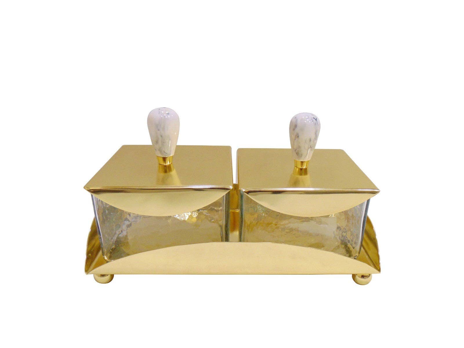 2 Square Bowls on Rectangle Tray with Marble Knob Covers and Spoons, 12"L x 5.5"W x 3.25"H