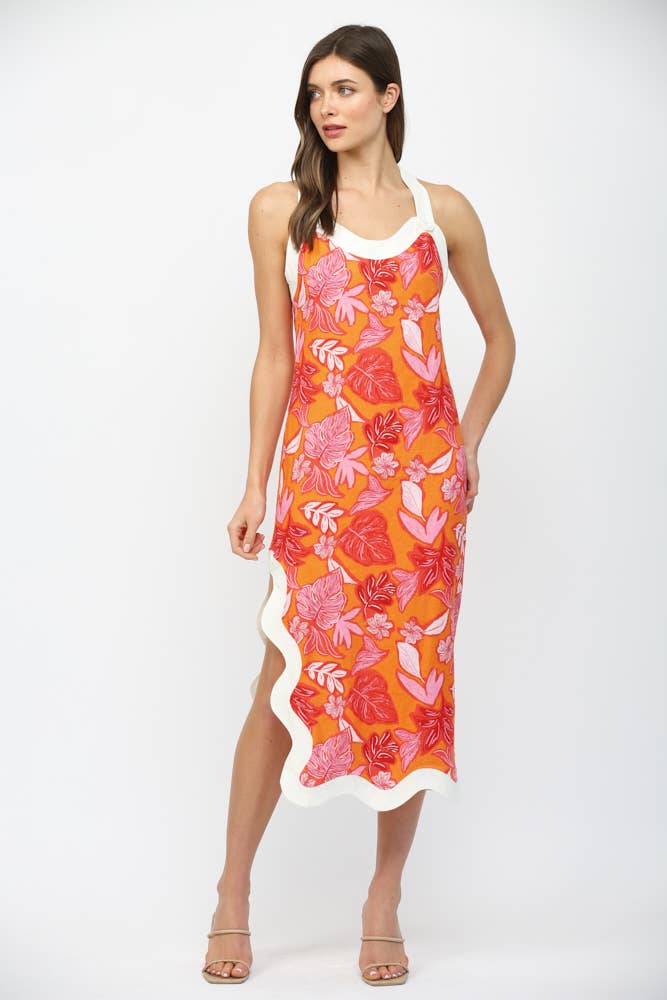 WAVY EDGE TROPICAL PRINT LINEN BLEND SLVL MIDI DRESS FD35906