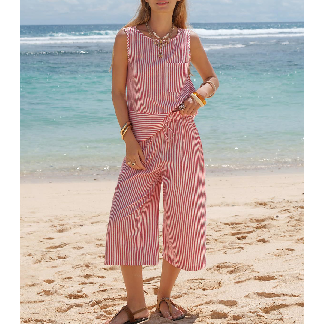Round Neck Striped Sleeveless Top & Cropped Pants Set AXY047
