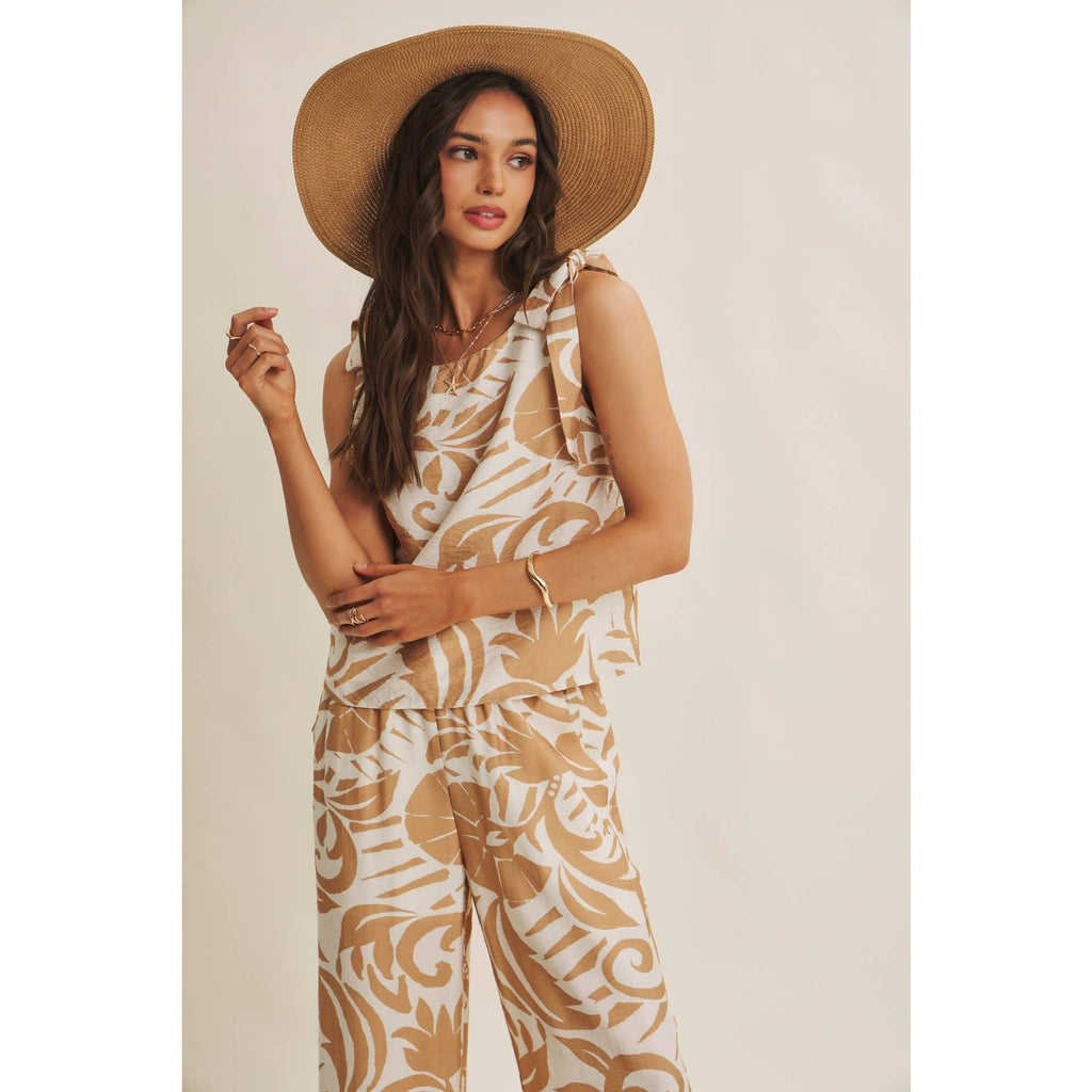 EURO SUMMER ISLAND FOLIAGE AIRY WIDE-LEG PANTS IN WARM LATTE