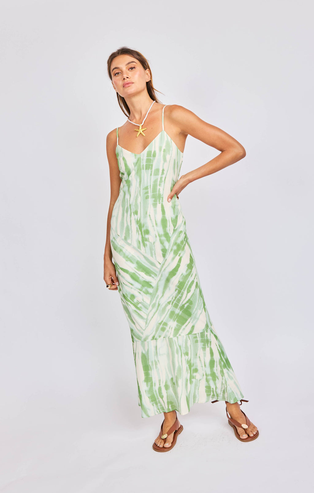 Tropical Storm Slip Dress:GREEN IVORY