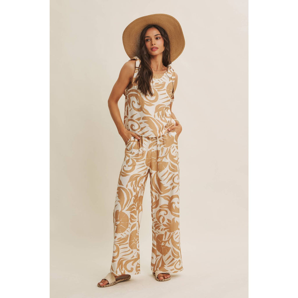 EURO SUMMER ISLAND FOLIAGE AIRY WIDE-LEG PANTS IN WARM LATTE