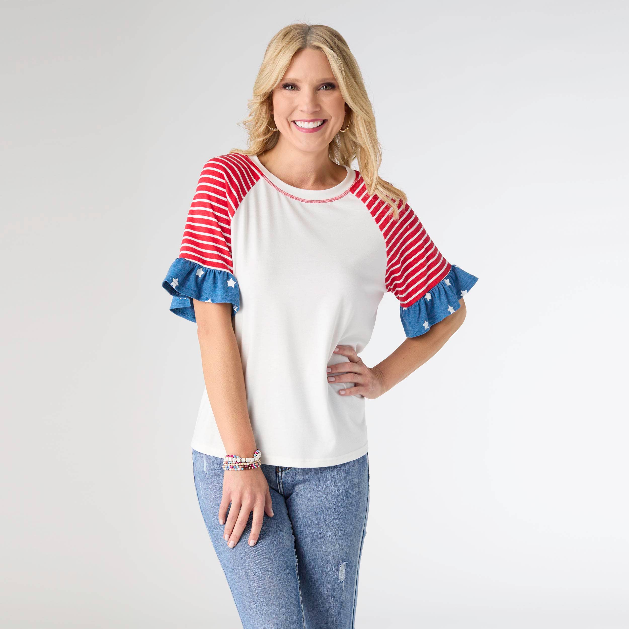 Eva Tee with Striped Ruffle Sleeve