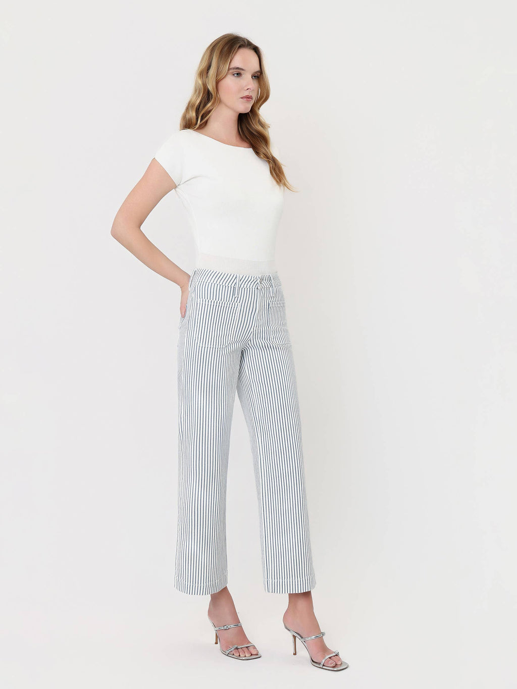 HIGH RISE PATCH POCKET CROP STRIPED WIDE LEG JEANS LV2292STR