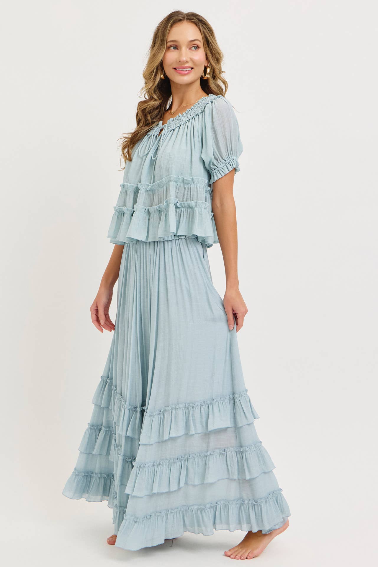 EASY FLOWY TIERED RUFFLE MAXI SKIRT