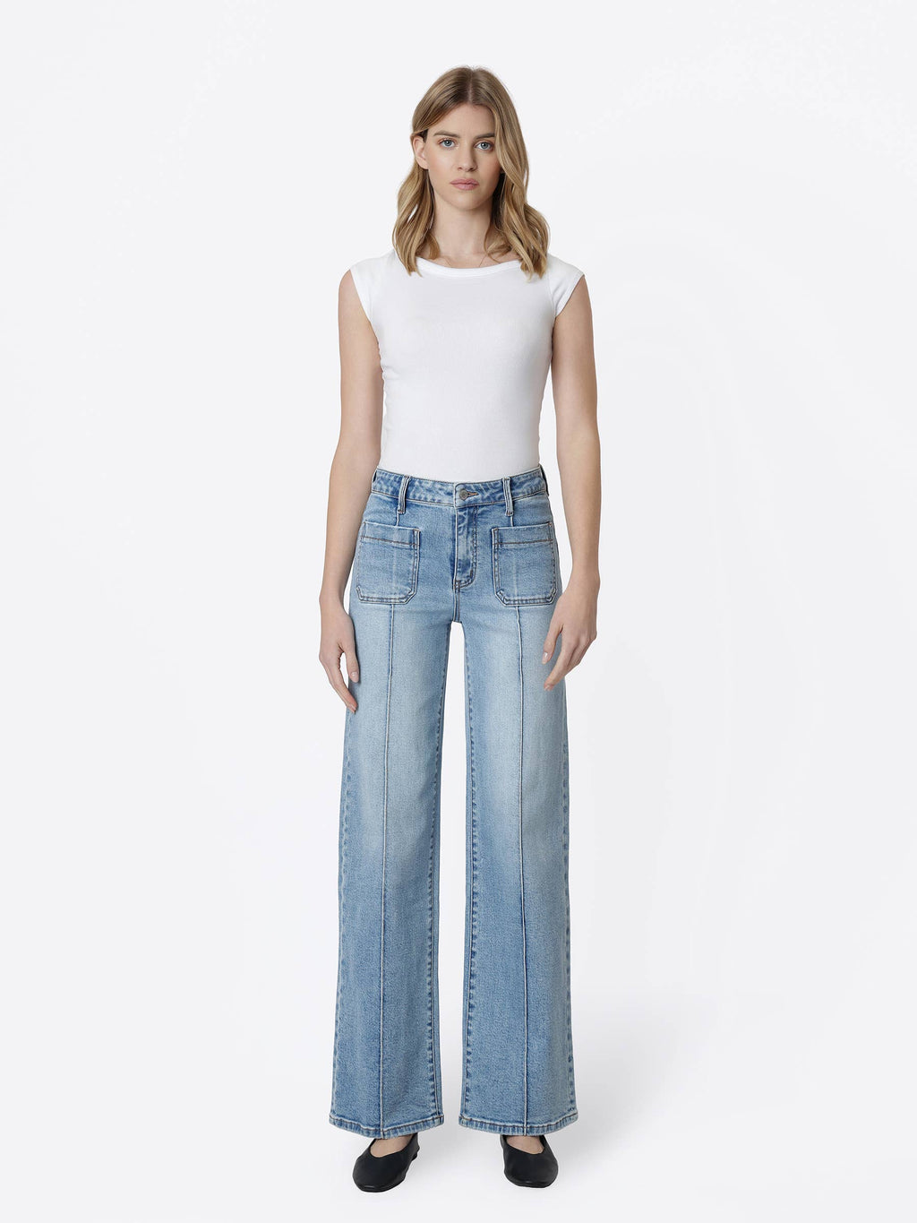HIGH RISE PATCH POCKET PINTUCK WIDE JEANS LV2406