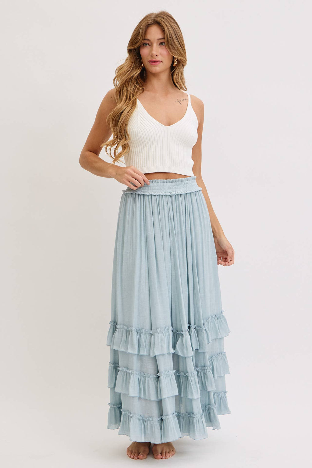 EASY FLOWY TIERED RUFFLE MAXI SKIRT