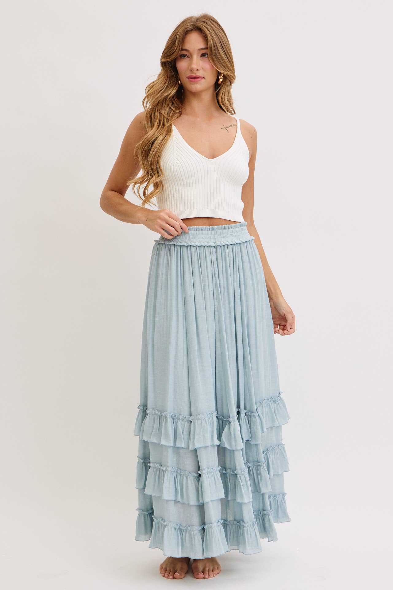 EASY FLOWY TIERED RUFFLE MAXI SKIRT
