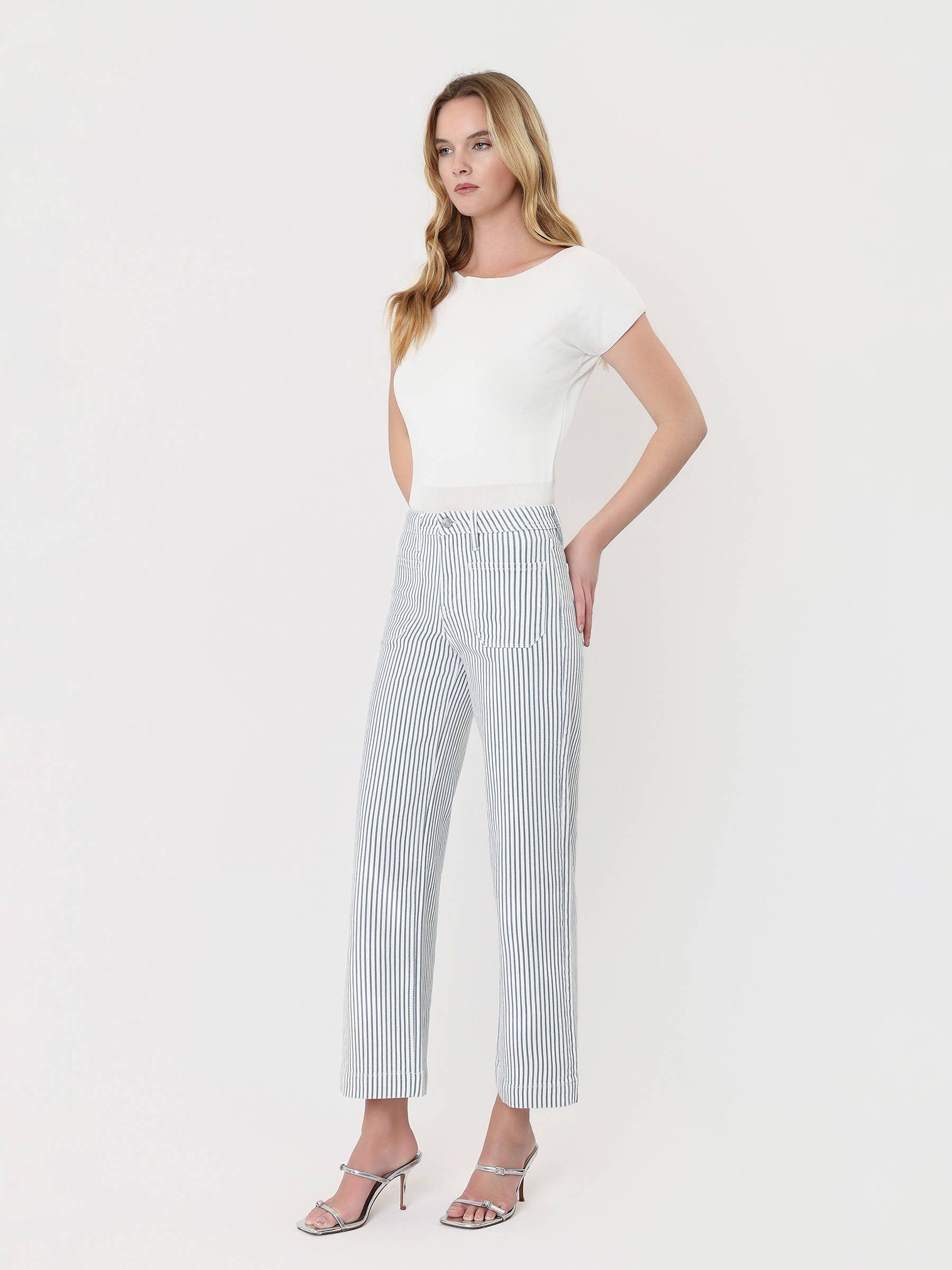 HIGH RISE PATCH POCKET CROP STRIPED WIDE LEG JEANS LV2292STR