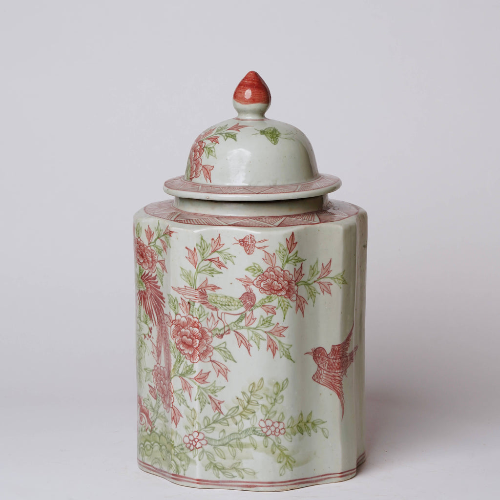 Pink and Green Porcelain Golden Pheasant Ribbed Lidded Jar