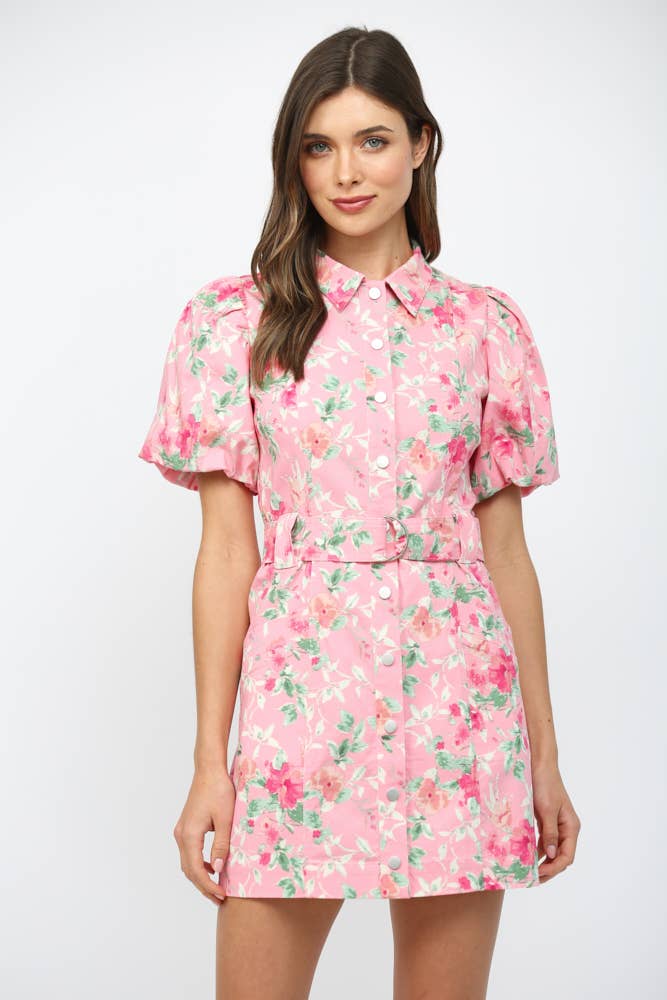 FLORAL PRINT BELTED  BUTTON DOWN MINI DRESS FD30553