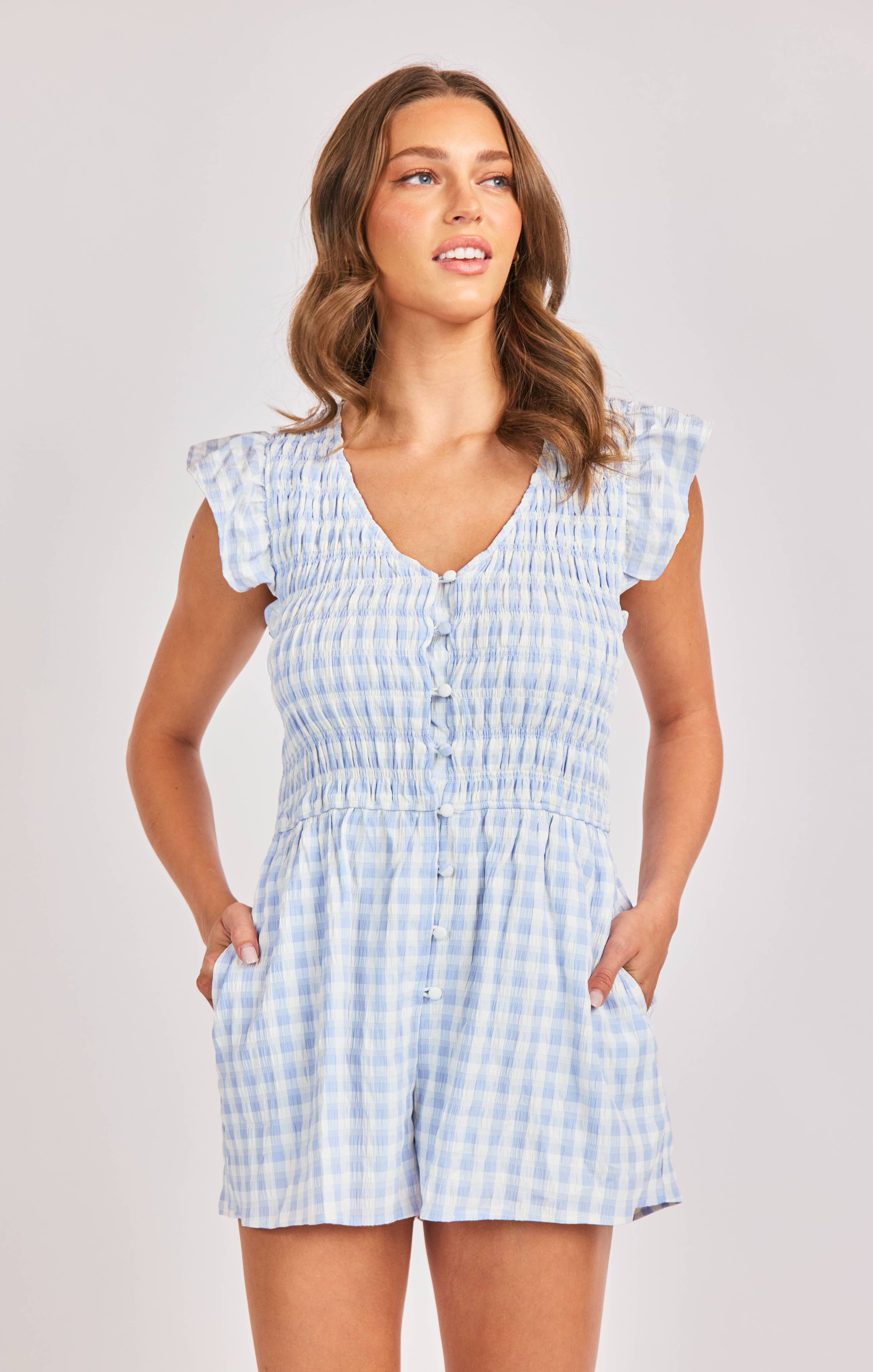 Starlet Gingham Romper:SKY BLUE