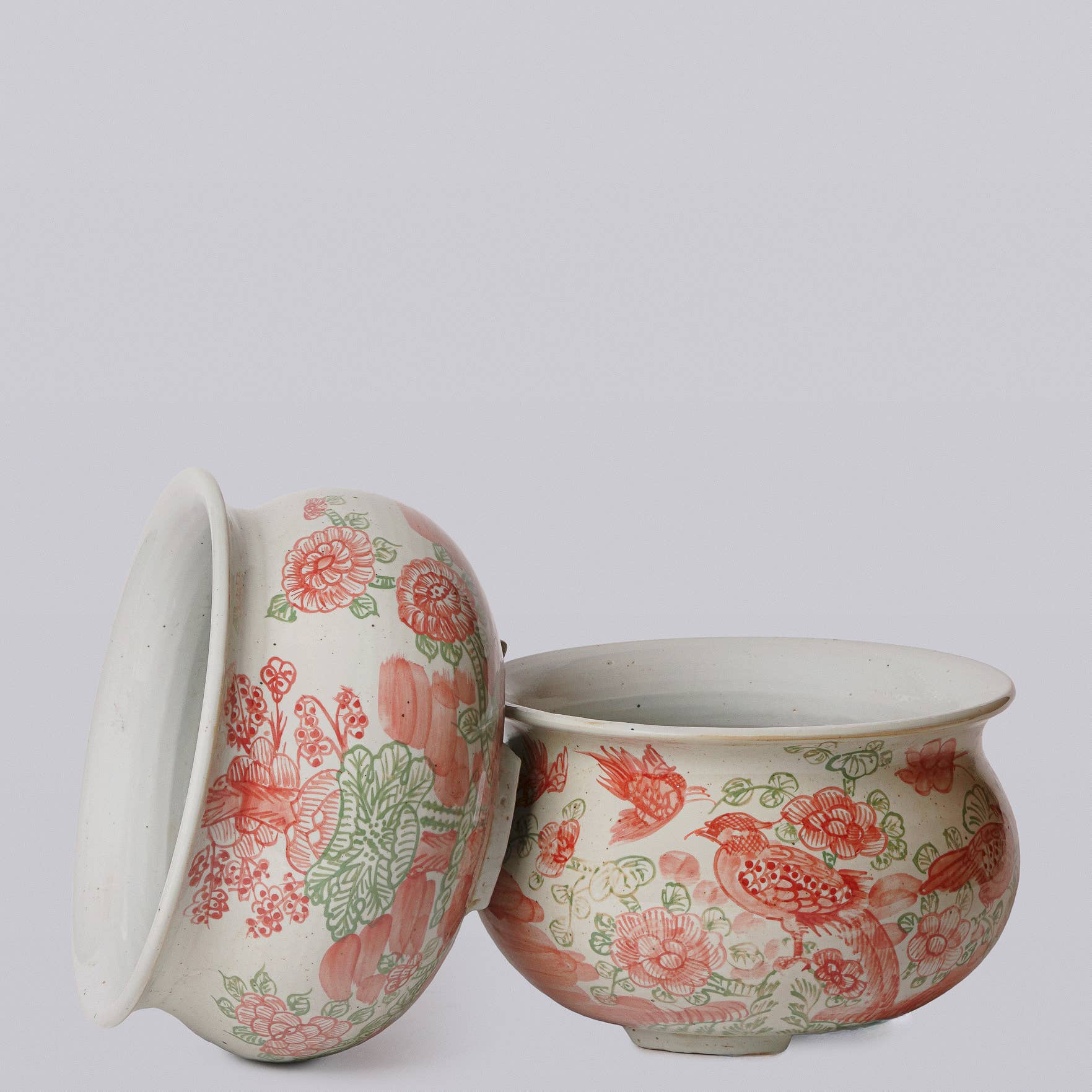 Rustic Bird & Flower Pink & Green Porcelain Bulbous Cachepot