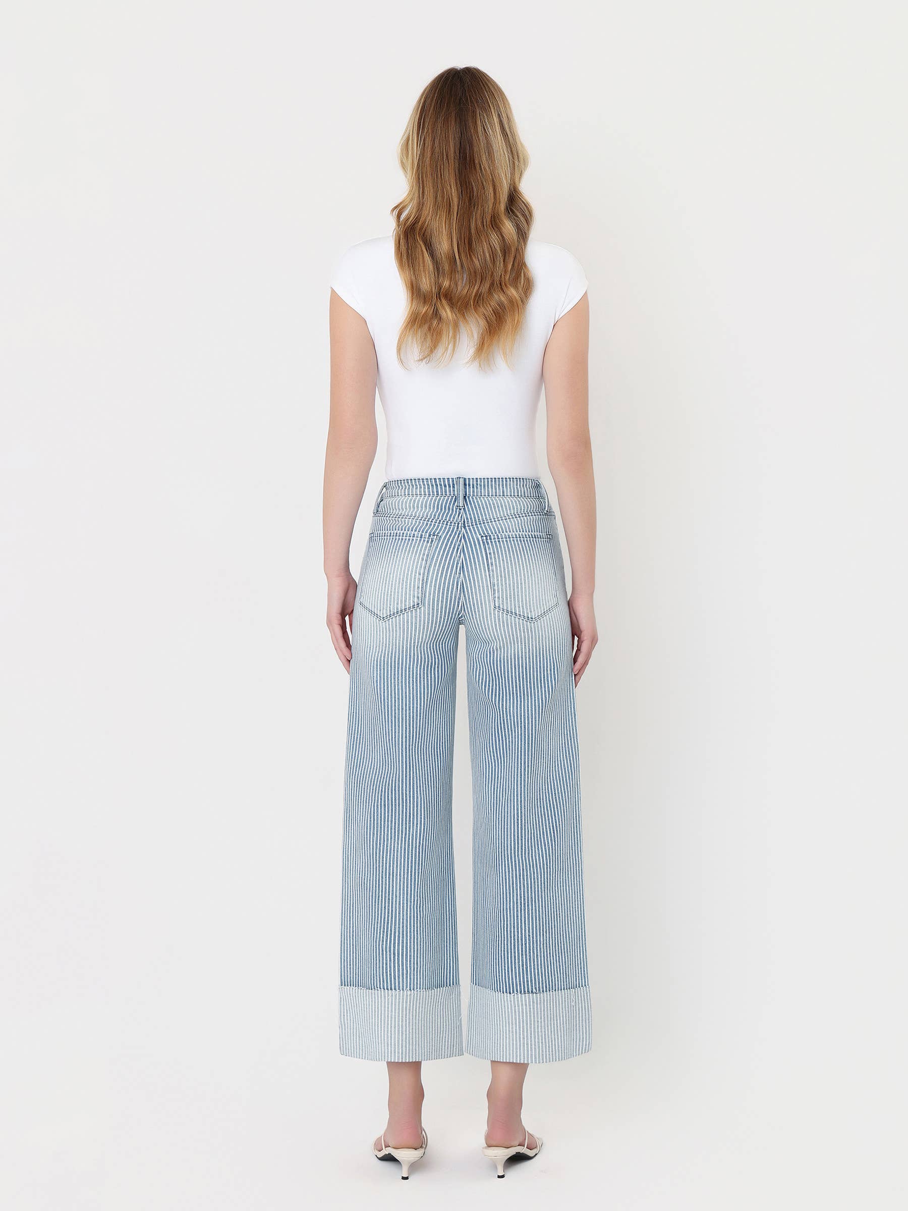 HIGH RISE CUFFED STRIPED CROP WIDE JEANS V3859STN