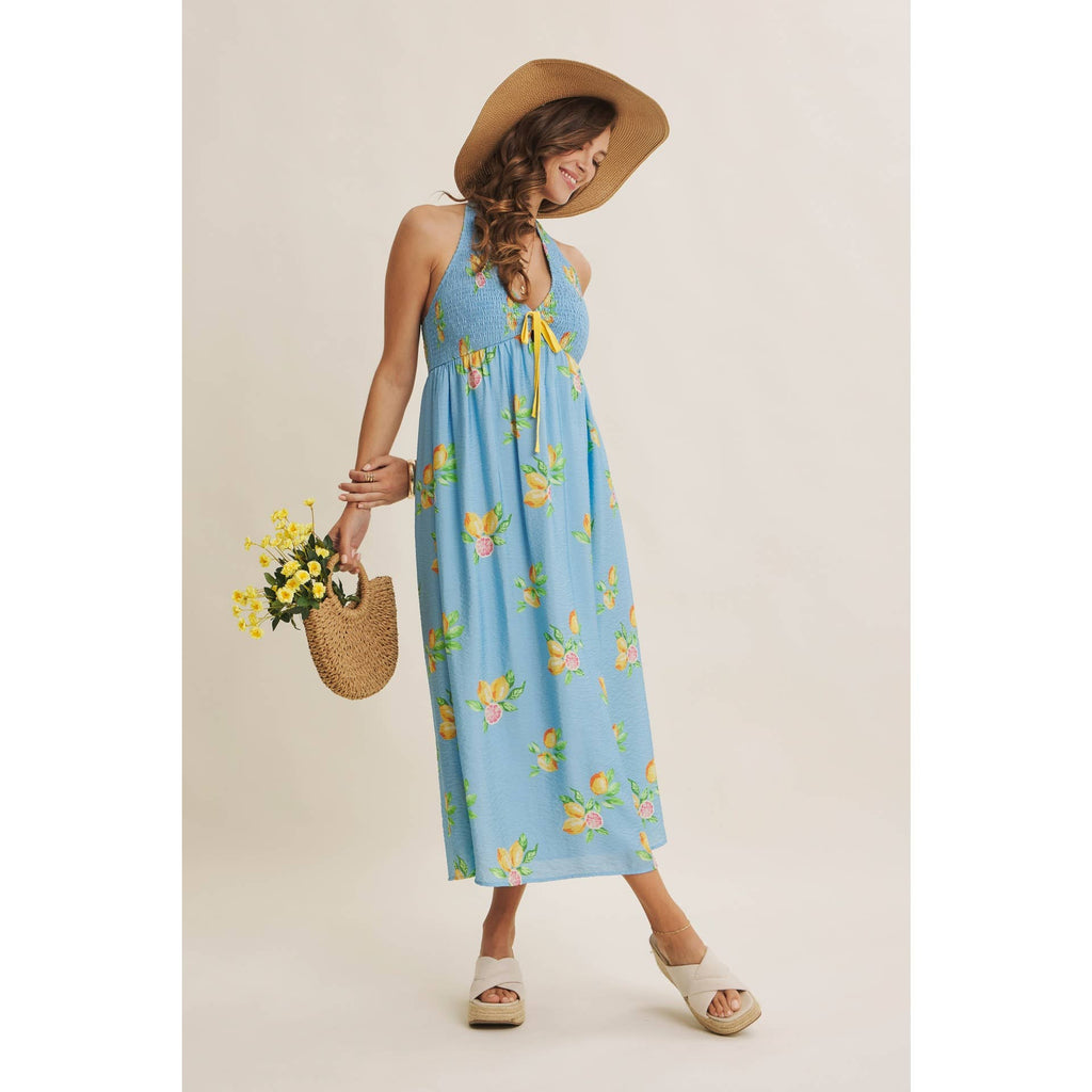 AMALFI COAST VIBE SMOCKED FLARE HALTER LEMON MIDI DRESS