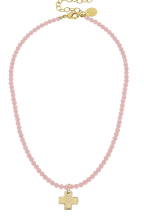 Gold Cross on Light Pink Beaded Necklace
