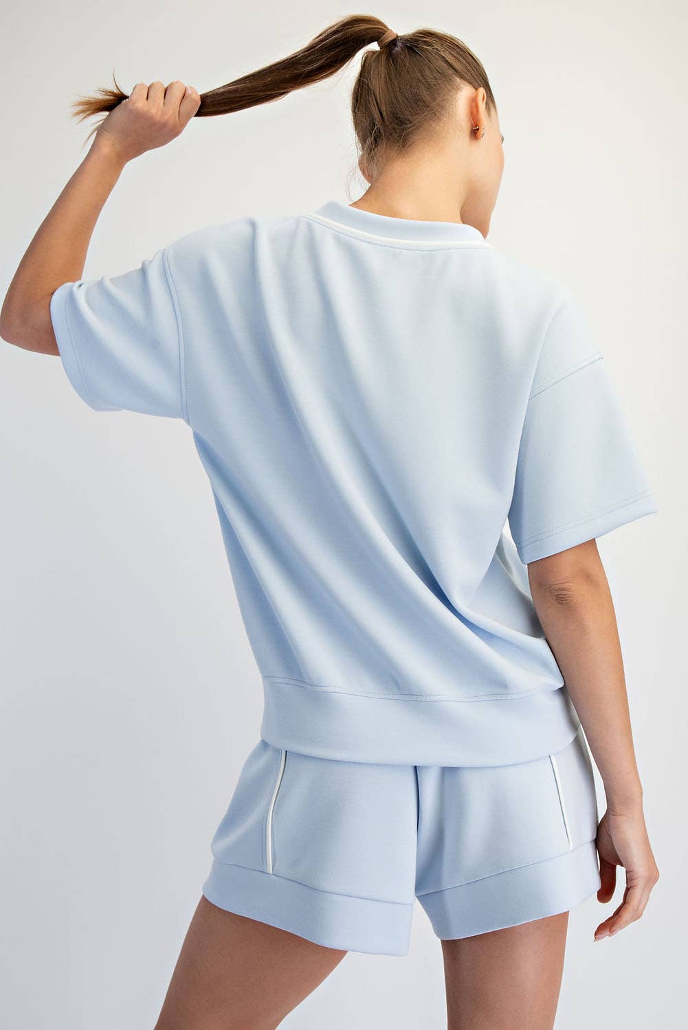 MODAL SCUBA V NECK FLAT PIPING SHORT SLEEVE TOP