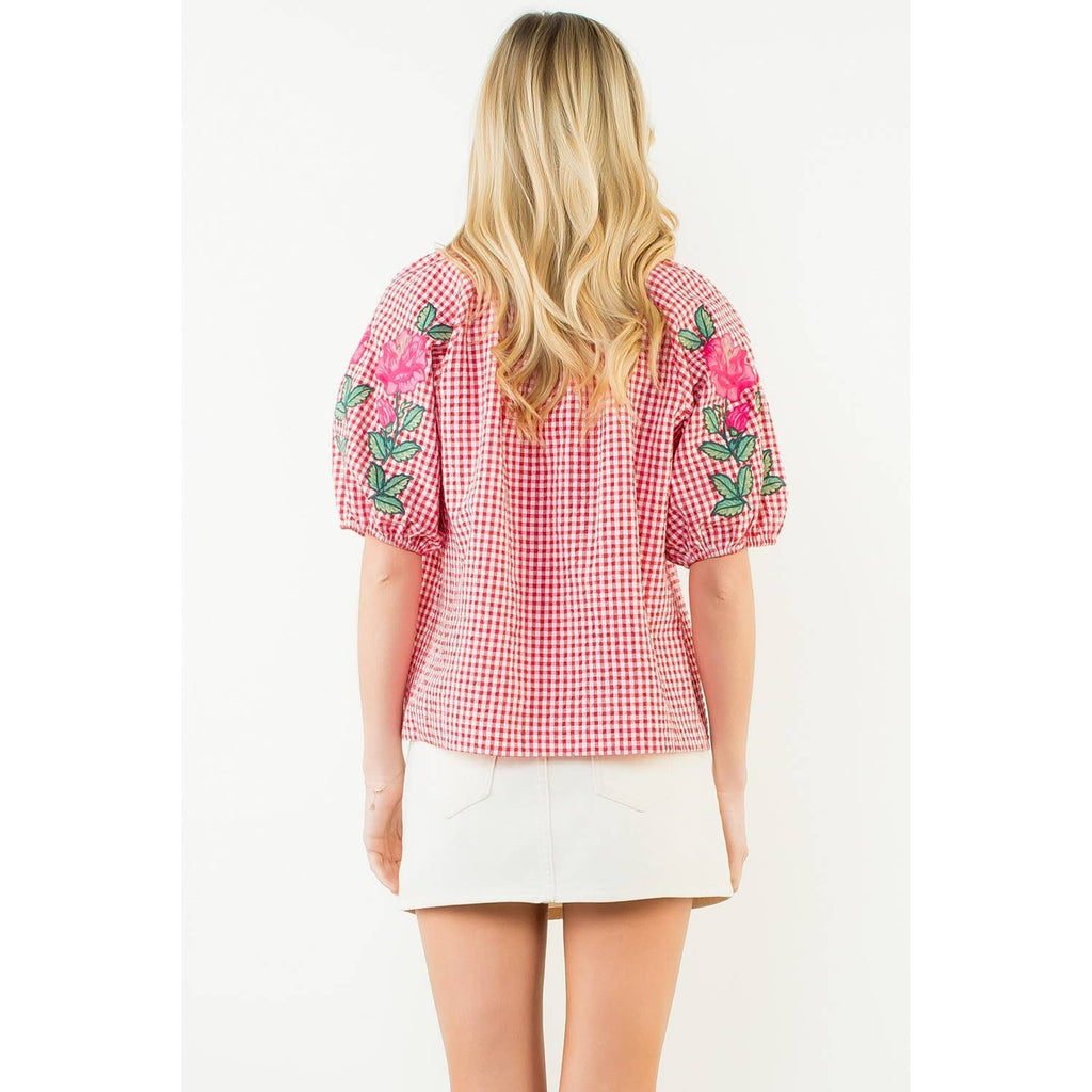 Embroidery Detail Puff Sleeve Gingham V-Neck Top