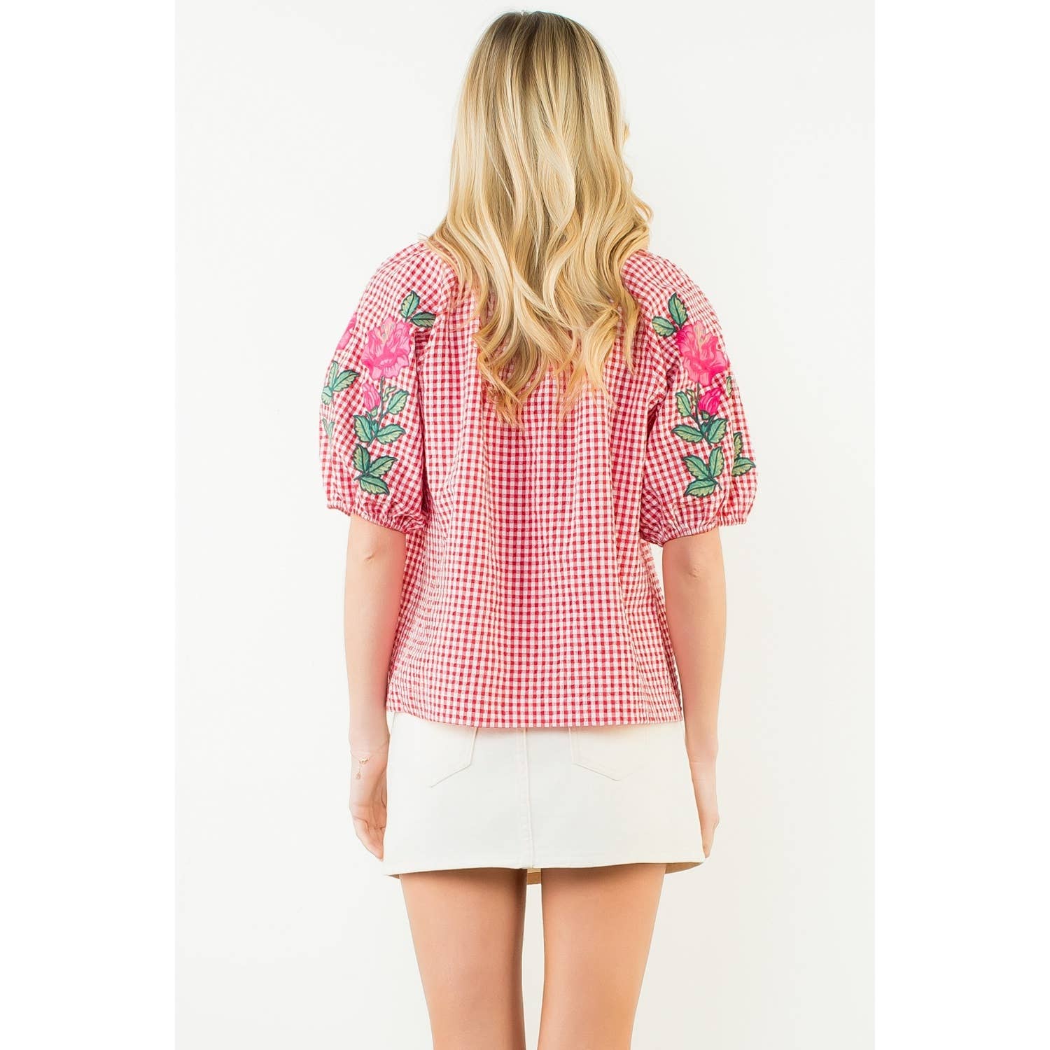 Embroidery Detail Puff Sleeve Gingham V-Neck Top