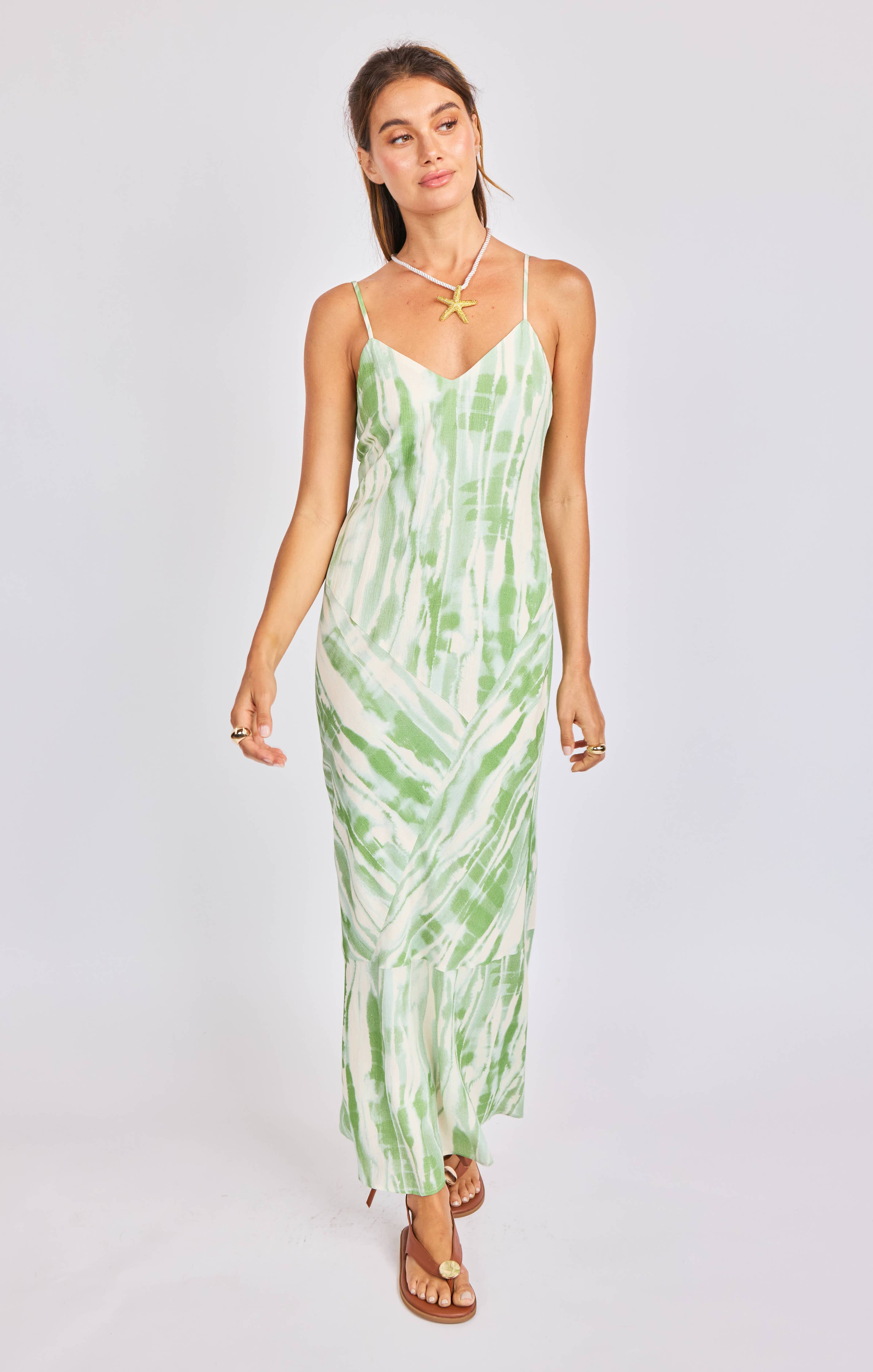 Tropical Storm Slip Dress:GREEN IVORY