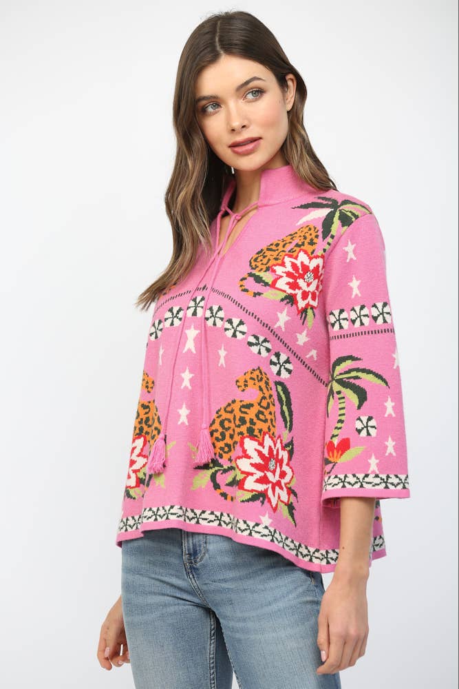FRONT NECK TIE PRINT KNIT SWEATER FW10530