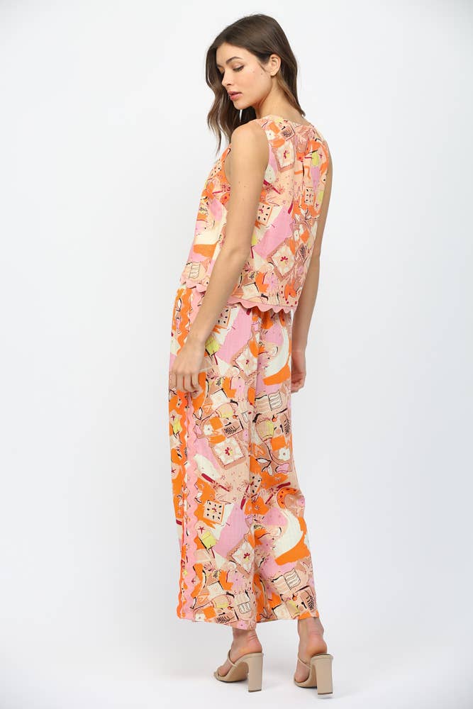 RIC-RAC TRIMMED ABSTRACT PRINT LINEN BLEND SLVL Set
