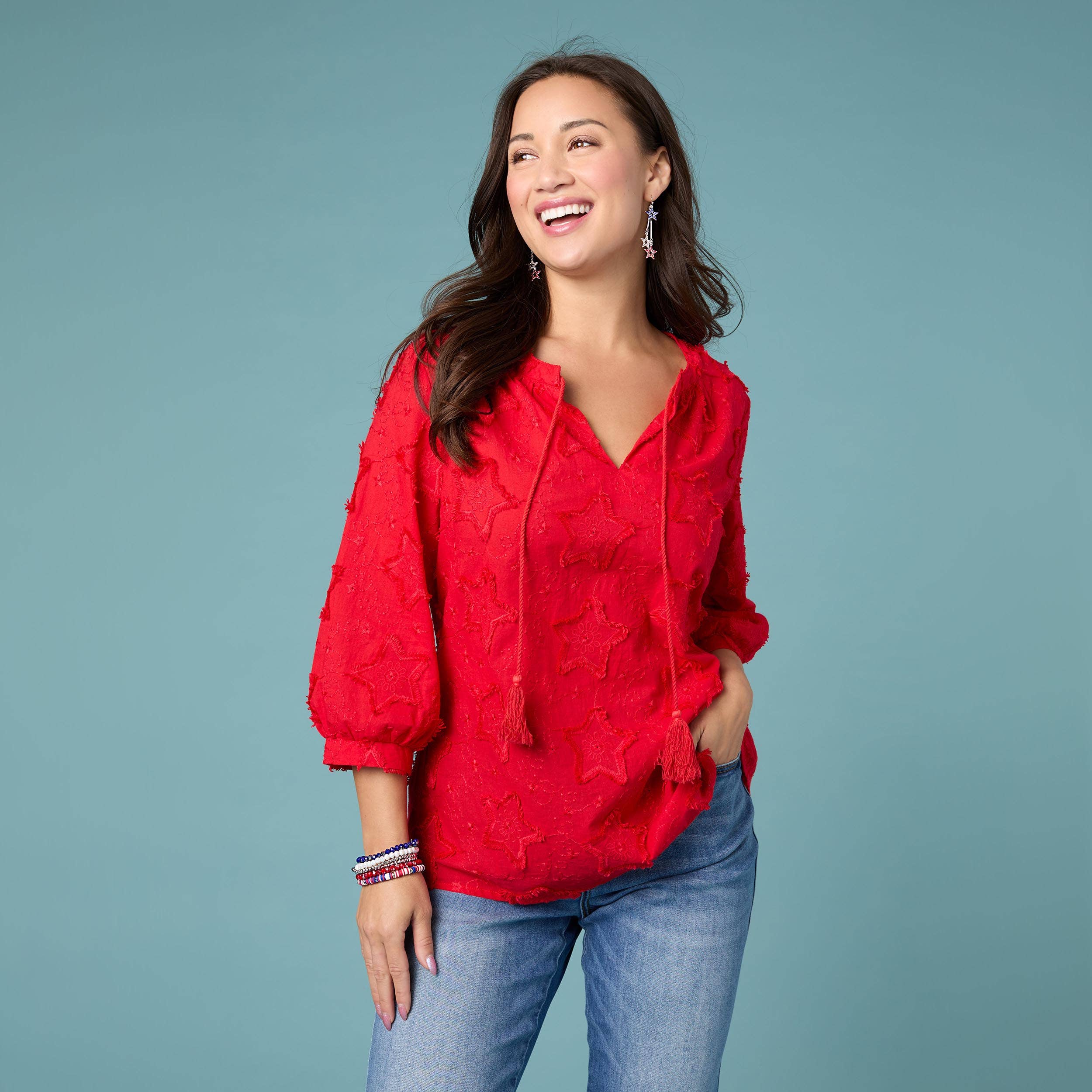 Hattie V-Neck Top with Embroidered Star