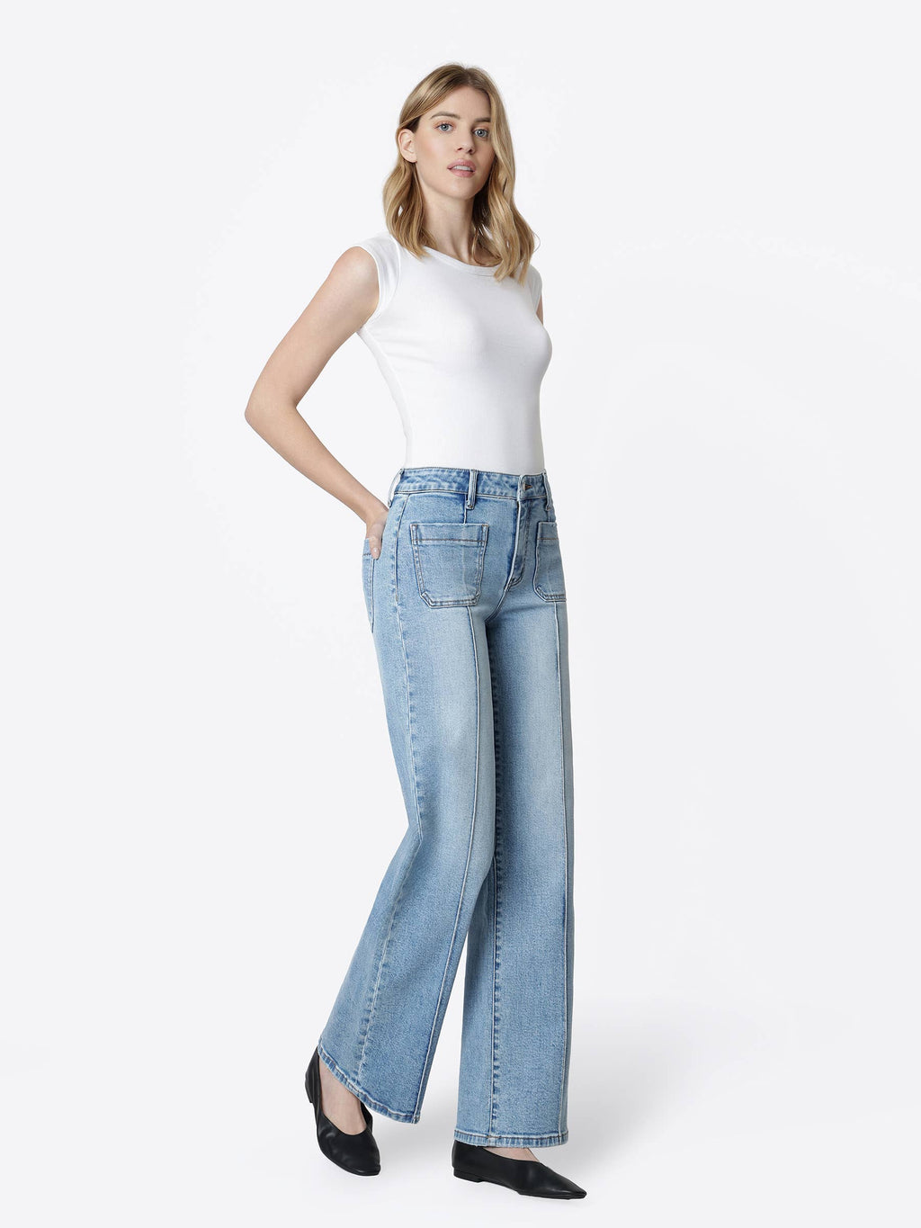 HIGH RISE PATCH POCKET PINTUCK WIDE JEANS LV2406