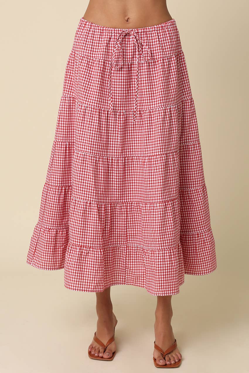 Jasmine Gingham Drawstring Tiered Maxi Skirt