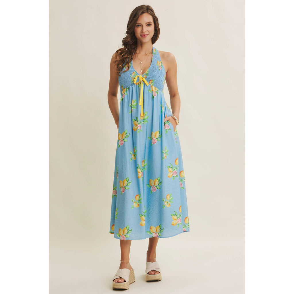 AMALFI COAST VIBE SMOCKED FLARE HALTER LEMON MIDI DRESS